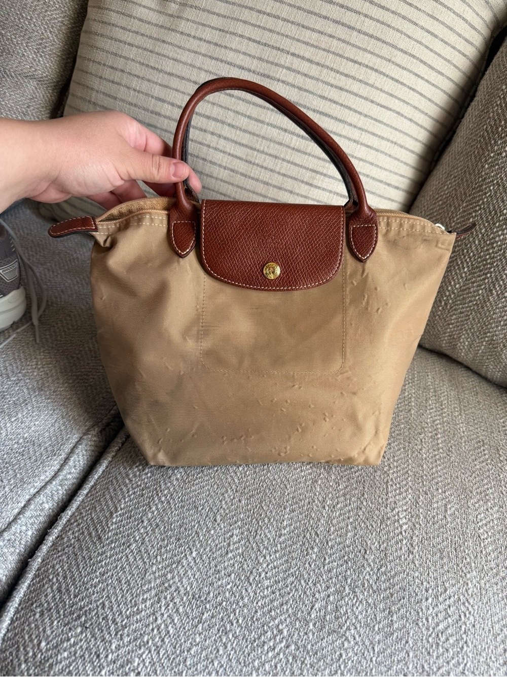 Longchamp Classic Women's Handbag in Beige with Brown Trim